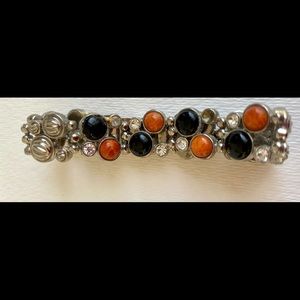 Vintage Silver-tone Orange Black Crystal Beads Link Bracelet Estate